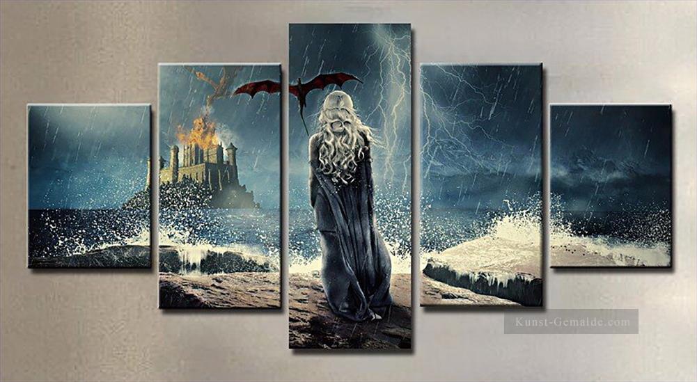 Daenerys Targaryen und Flying Dragon 5 Panels Spiel der Throne Ölgemälde